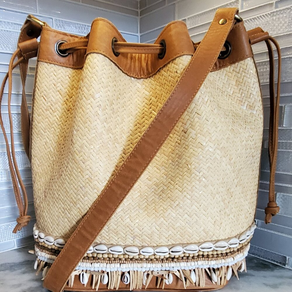 Tommy Bahama Straw with Shell accents Beach Bucket Bag